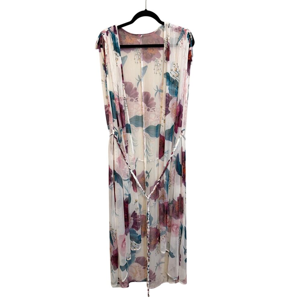 Boamar Floral Swim Cover Up Maxi Duster White Sheer Mesh Boho Resortwear Beach